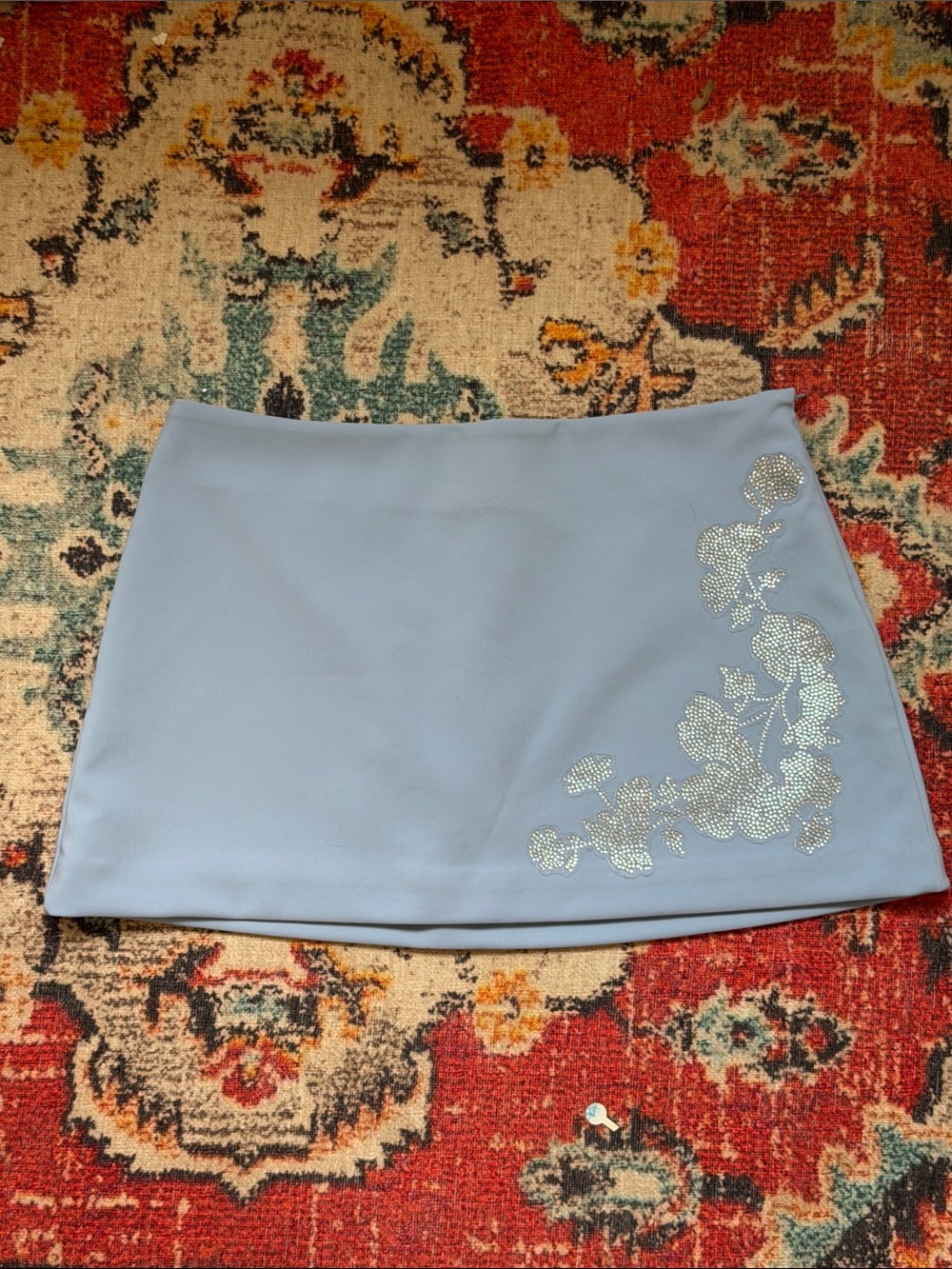 Zara Women's Light Blue Mini Skirt with Rhinestone Floral Accent Size Medium